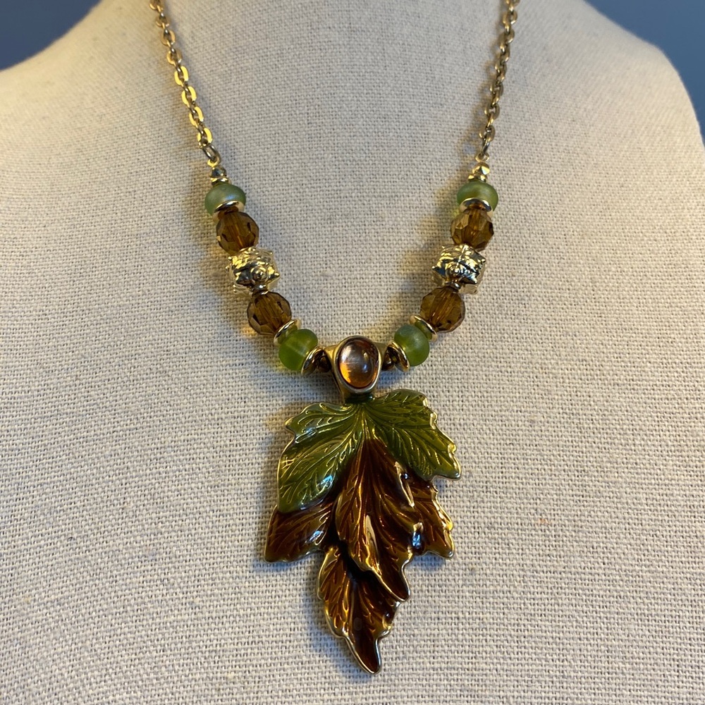 Vintage Kenneth Cole Crystal and Enamel Leaf Pendant Necklace